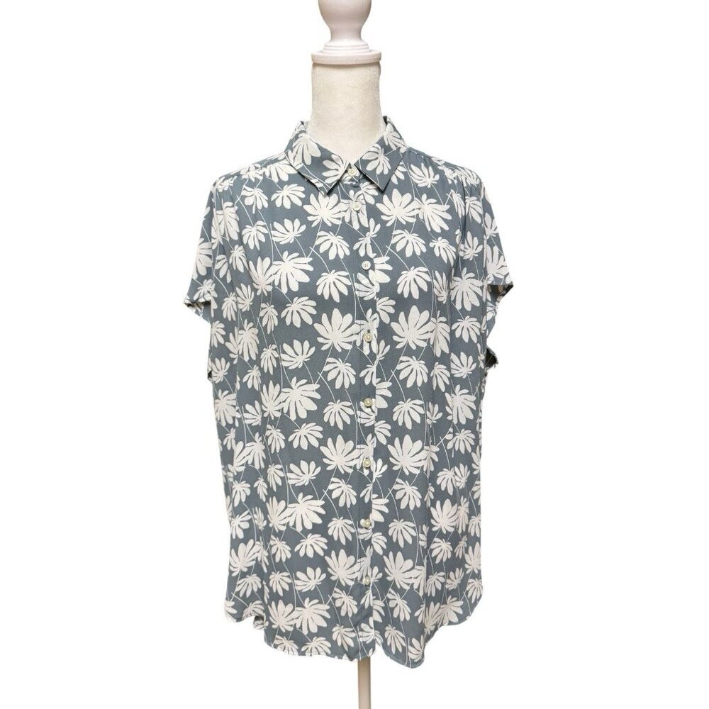 LOFT Outlet XL Gray White Floral Button Front Blouse Short Sleeve Top